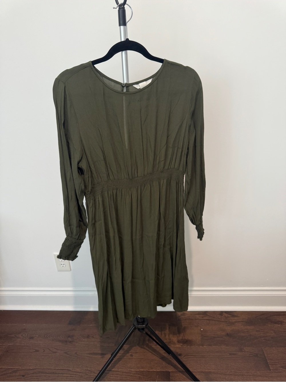 Women's Olive Long Sleeve Smocked Waist Dress